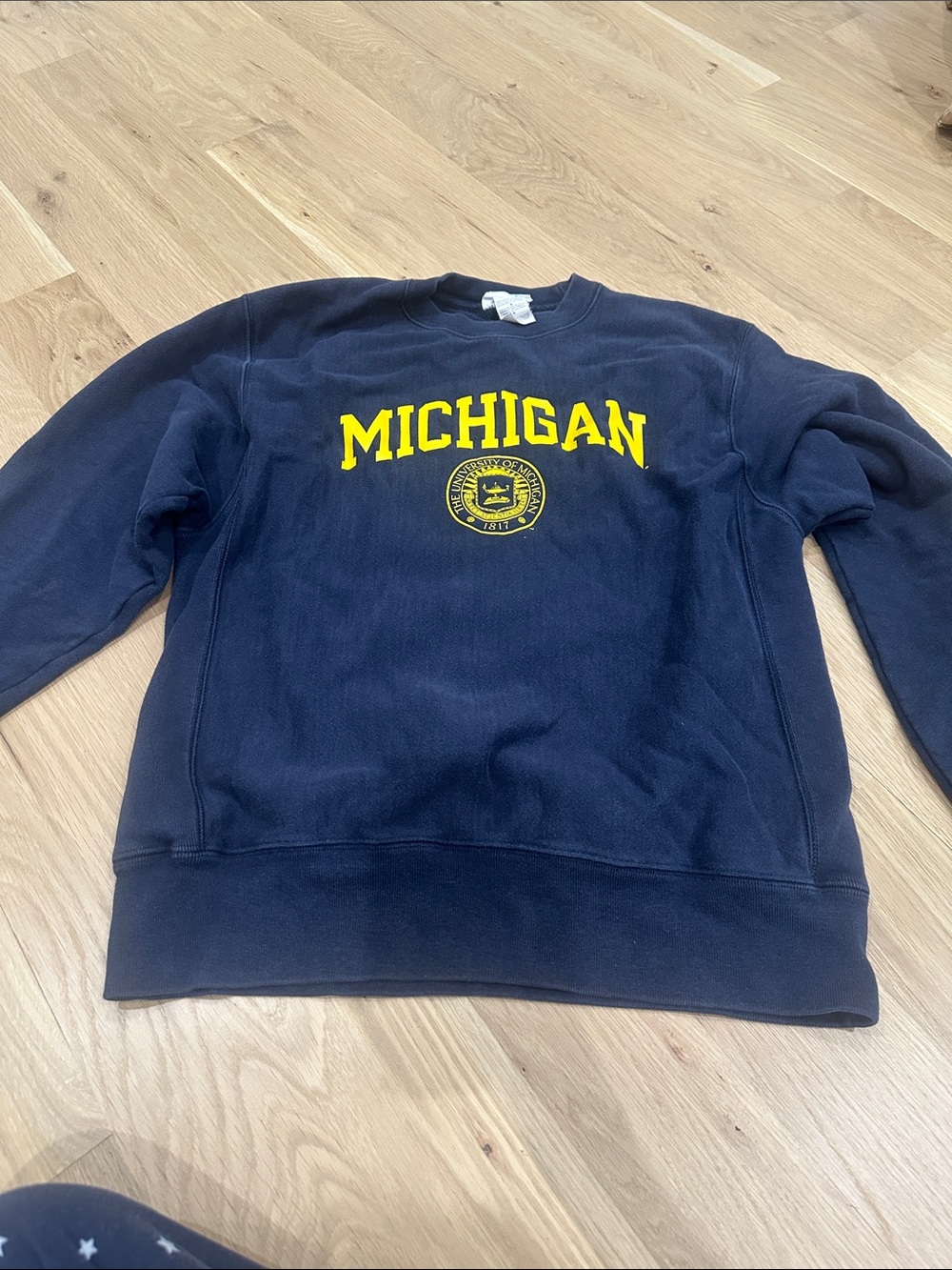 Champion Navy Crewneck Sweatshirt with Yellow Michigan Logo